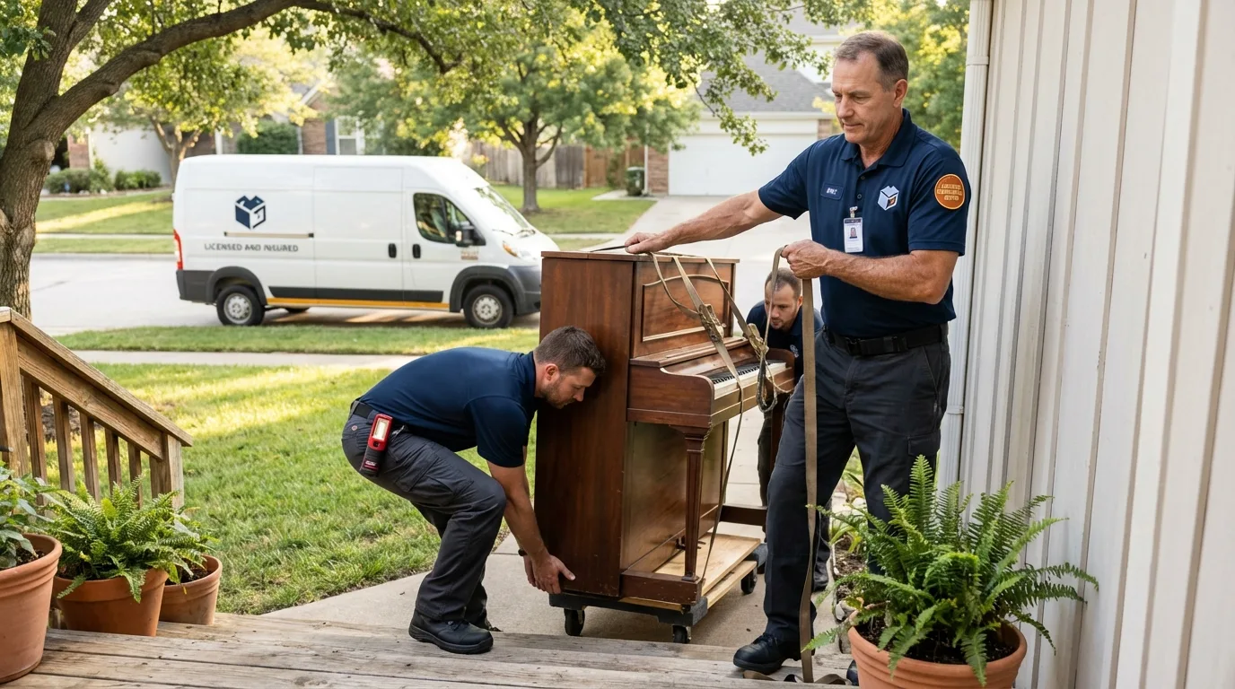 Licensed piano movers securing grand piano in Fallbrook, CA