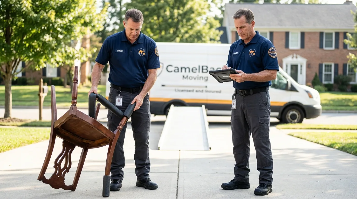 Movers inspecting furniture for damage prevention before loading in Fallbrook, CA