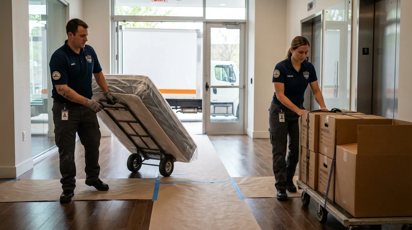 Professional apartment movers loading elevator in Fallbrook, CA