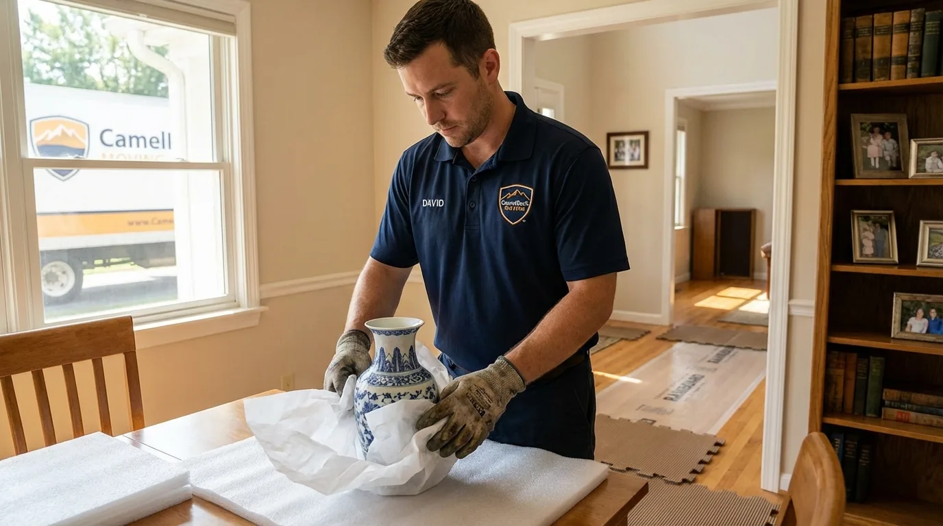 Professional crew carefully wrapping antique vase for senior downsizing move in Fallbrook, CA